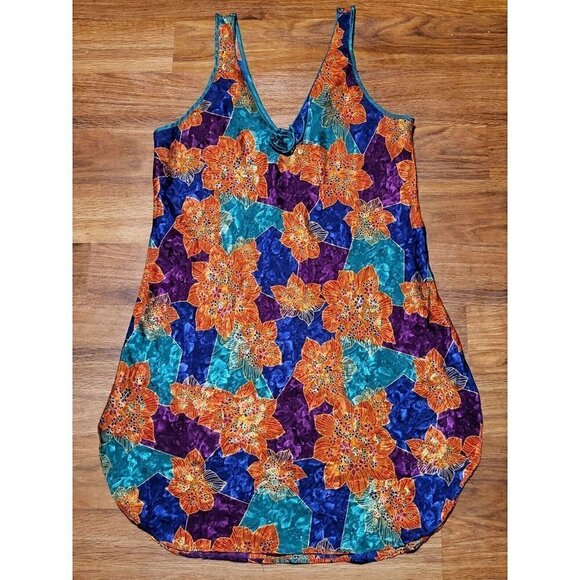 VTG INHIBITIONS~FLATTERING-SATIN CHEMISE~flair~Medium Runs Nightie Floral Bright - Picture 1 of 6